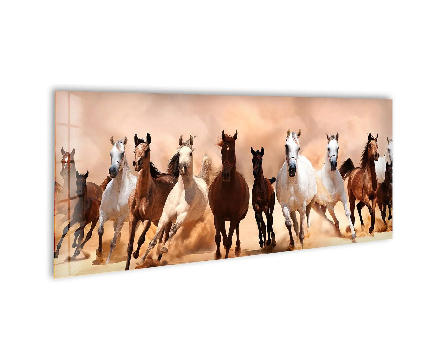 Exhilarating mood depicted in the running horses desert scene conveyed through dynamic movement and a warm color palette, beautifully rendered in this glass art.