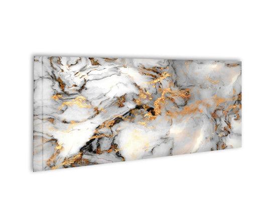 The focal point reveals the luxurious detail of gold veining within this Gold & White Marble Abstract best glass art, a panoramic print on tempered glass.