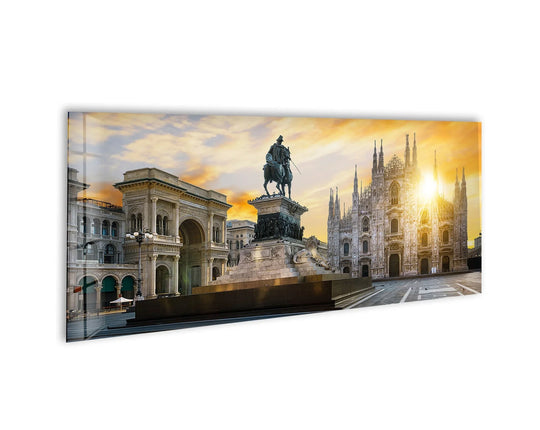 Realistically detailed Milan Duomo Cathedral glass wall art captures the Italian landmark, a stunning home decoration showcasing grand architecture under a bright sunset sky.