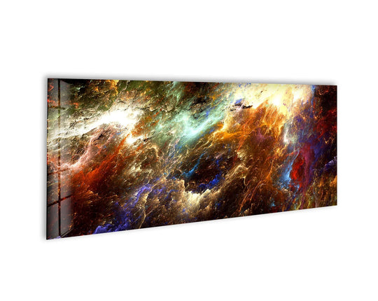 Colorful cosmic galaxy glass wall art displays vibrant abstract patterns and a glossy finish and is a stunning statement piece