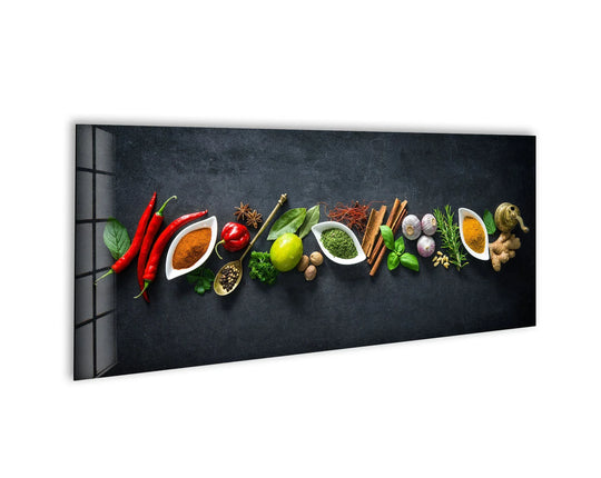 Spice and Kitchen Herbs glass wall art showcases vibrant colors and a panoramic arrangement of spices and herbs and is a stunning statement piece for modern wall decor