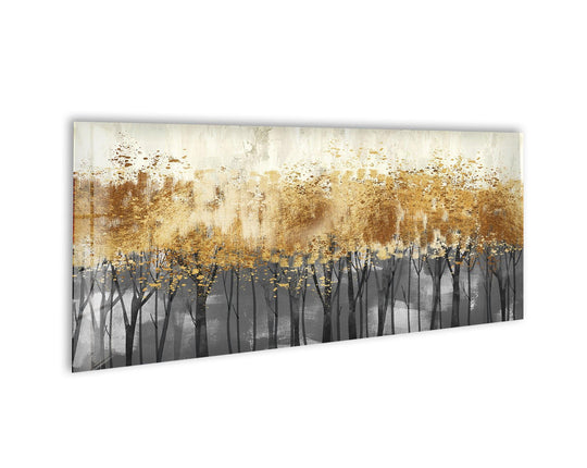Golden Trees canvas wall art features a panoramic landscape and abstract gold foliage above gray tree trunks and a neutral background