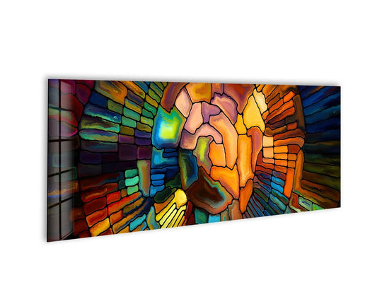 Colorful stained glass wall art features an abstract face and vibrant colors and a glossy finish and modern wall decor