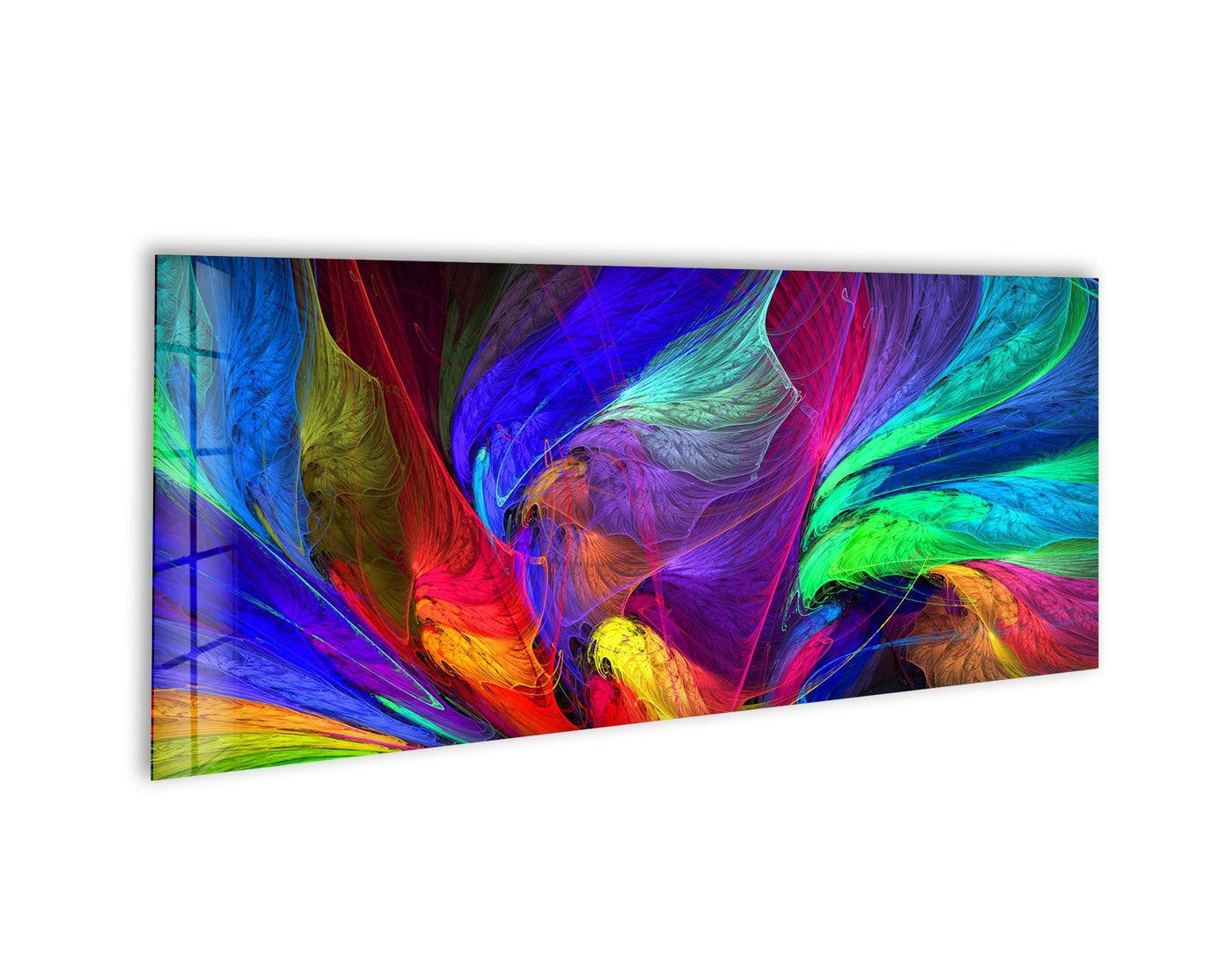 Vibrant hues blend and morph, illustrating a captivating transition in this modern colorful abstract glass wall art, a piece of unique modern wall decor.