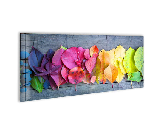 Colorful Leaves glass wall art showcases a vibrant spectrum and horizontal orientation with detailed leaf textures and a rustic wood background for modern wall decor