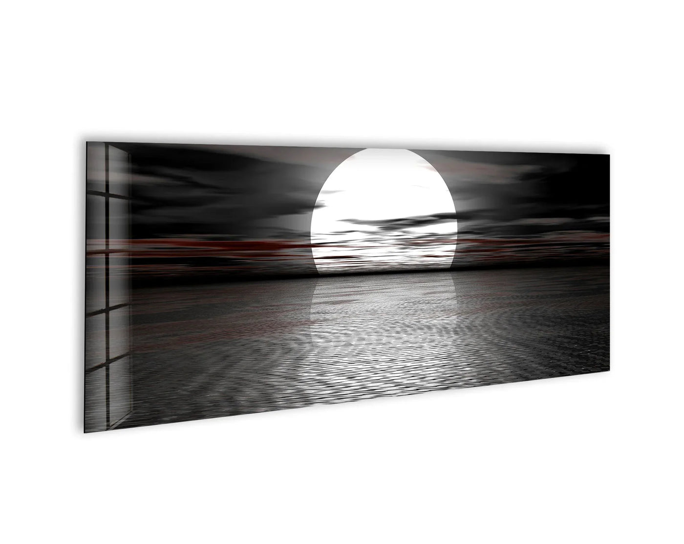 The stillness of the full moon black seascape is captured in this serene glass wall art decor, reflecting off the water in this horizontal panoramic piece.