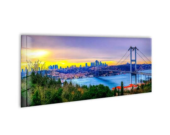 Realistic detail captures the Istanbul Bridge Landscape glass wall art decor, showcasing the iconic Bosphorus bridge and stunning cityscape.