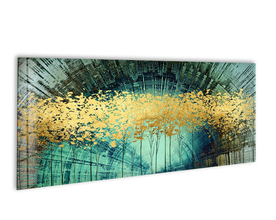 Golden Forest Panoramic Wall Art – Turquoise Abstract Landscape for Modern Living Room - MyPhotoStation