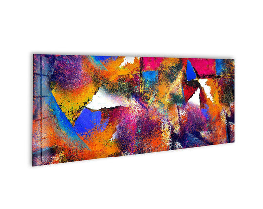 Evoking a sense of chaotic energy, this colorful modern abstract glass art exudes vibrant, untamed passion through its vivid hues and fragmented forms.