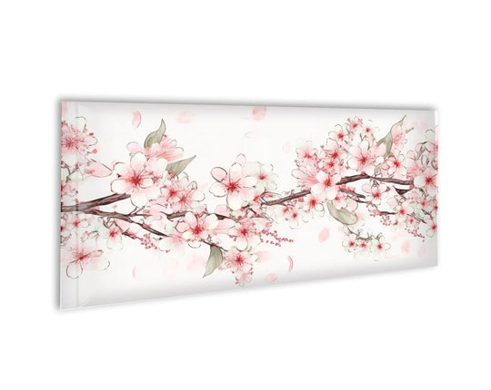 Understated color saturation defines this Sakura Cherry Blossom panoramic piece of the best glass art, revealing an elegant floral design on tempered glass.