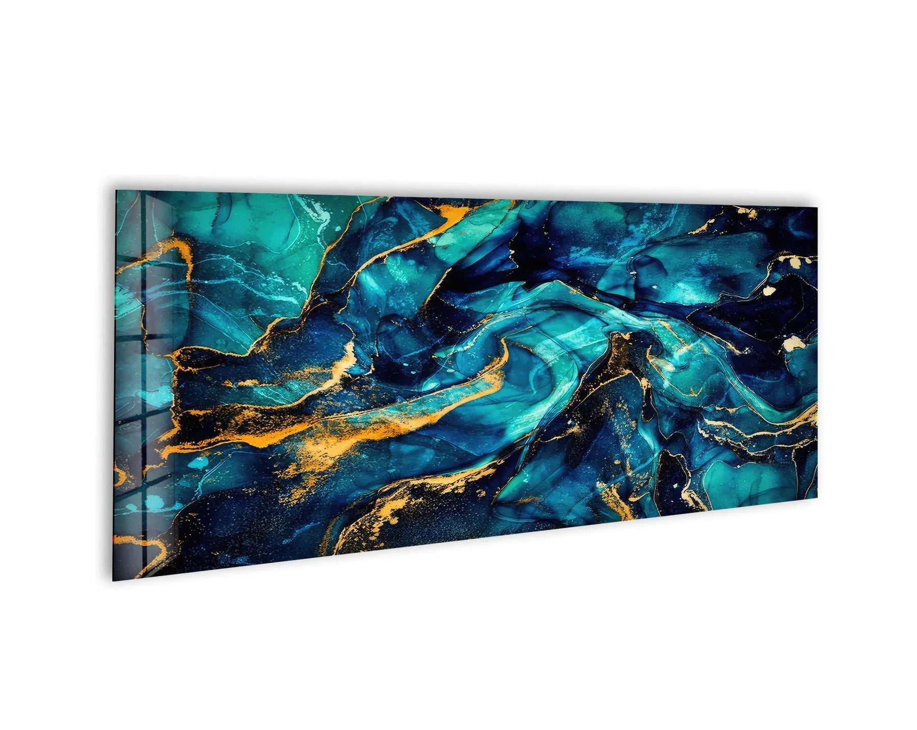 Luminous tempered glass wall art highlights the fluid textures and shimmering gold accents of this blue and gold marbled abstract glass wall art.