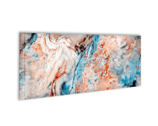 Textured surface of this marble abstract painting glass decorative wall art reveals intricate swirls and fissures in contrasting shades of copper and cerulean.