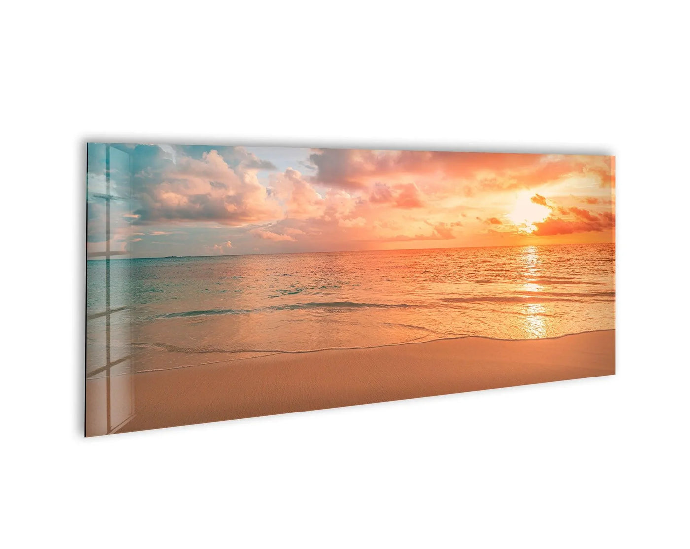 Layers of pastel hues enhance the depth in this sunset beach landscape wall prints, a panoramic glass art piece with calming coastal tranquility.
