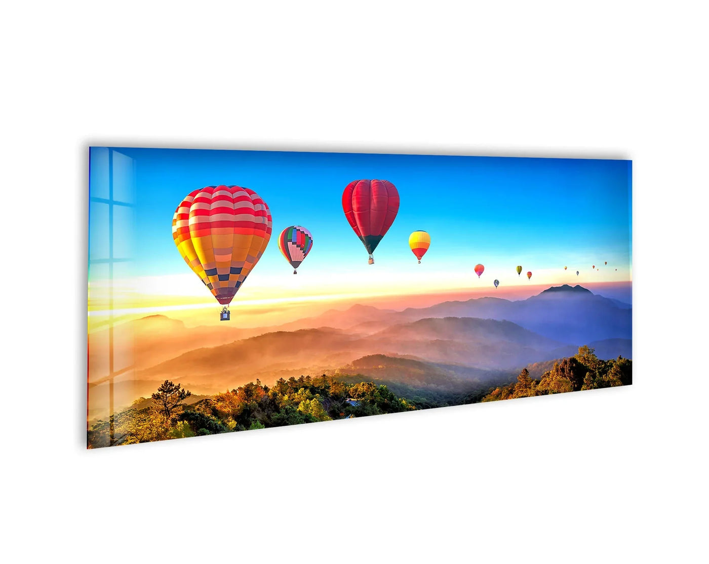 Visual rhythm of colorful hot air balloons ascends gracefully against the misty mountain range in this striking hot air balloon landscape glass wall art prints.