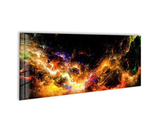 Cosmic Galaxy abstract glass wall art displays vibrant orange and black hues and a swirling celestial motif and is a stunning panoramic statement piece