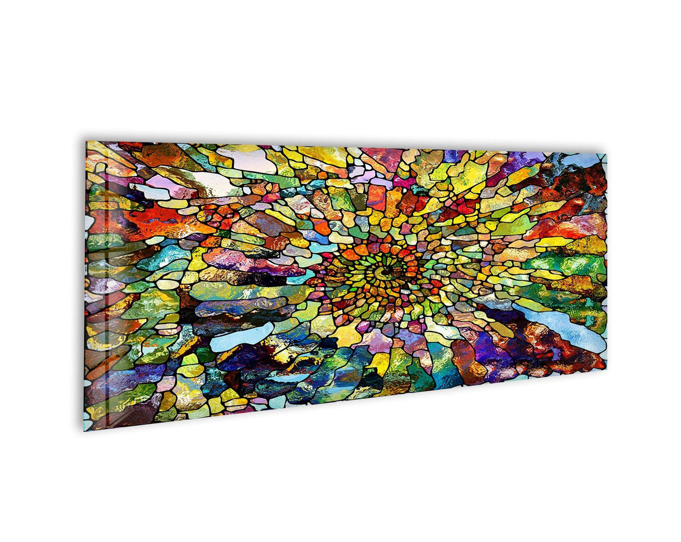 Foreground details showcase the complex mosaic of this colorful abstract stained glass art painting, a vibrant panoramic glass wall art piece.