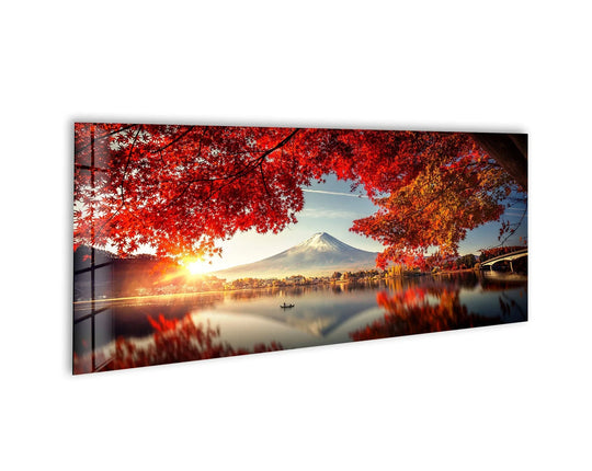 Fuji Mountain glass wall art showcases a scenic autumn landscape and vibrant red maple trees reflecting on calm water and Mount Fuji
