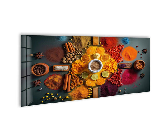 Featuring a rich surface texture, this various spices glass wall art showcases vibrant powders and ingredients, exemplifying best glass art with depth and colorful detail.