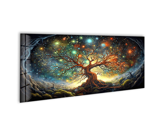 Life of Tree Sky Face glass wall art showcases a vibrant cosmic tree and starry sky and features panoramic design and durable tempered glass above sofa