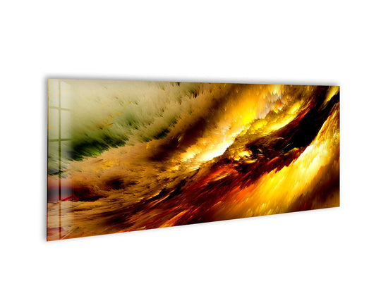 Yellow Cloud abstract glass wall art features a vibrant golden and brown swirling motif and a glossy finish perfect for large wall decor