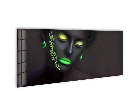 Panoramic glass wall art neon portrait with black skin and bright colors is a modern woman decor piece and tempered glass artwork