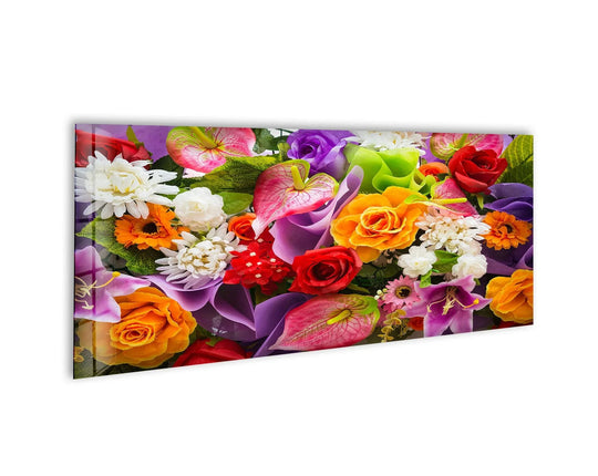 Reflecting the luminous finish, this colorful flower posy glass wall art decor showcases a vibrant print on tempered glass.