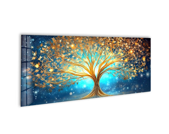 Luminous, tempered glass finish highlights the vibrant golden hues of the tree of life in this abstract wall art prints piece.