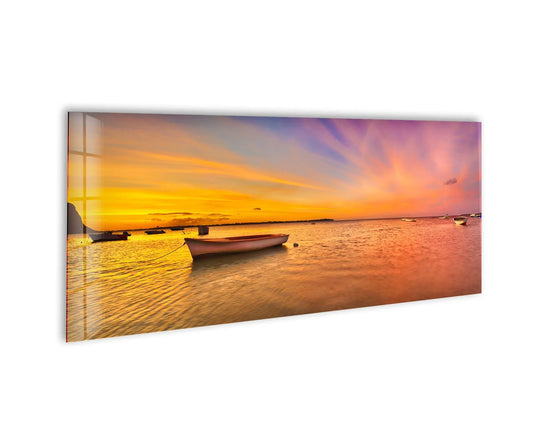 Panoramic fishing boat at sunset and sea glass wall art horizontal in gold and orange colors bring coastal serenity and sunset decor