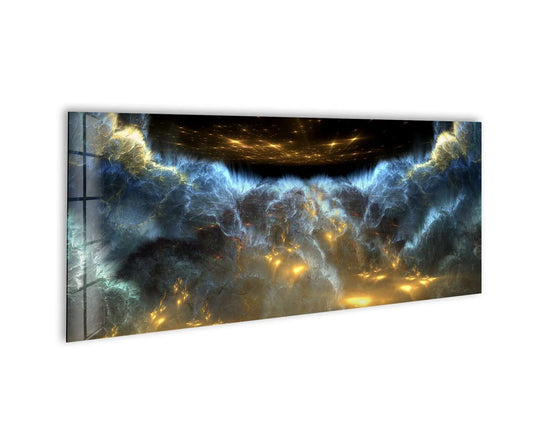 Dark blue clouds abstract glass wall art features golden light and a cosmic opening and creates a stunning statement piece for modern wall decor