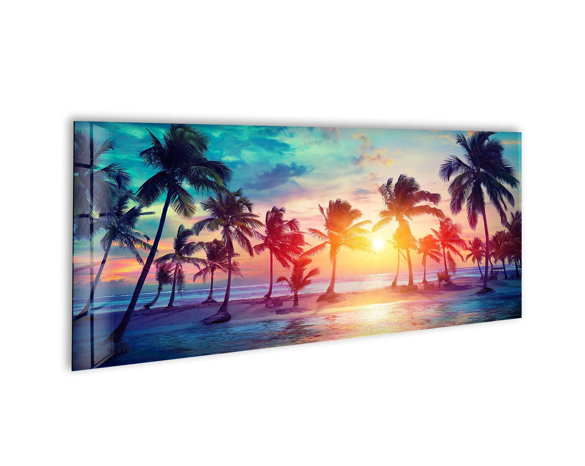 Defined by its crisp edges, this tropical palm trees and sunset glass wall art adds a unique home decoration touch with its luminous and modern border.