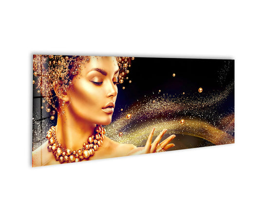 Panoramic print Golden Woman Portrait glass wall art with gold accents and luxurious decor for woman wall art