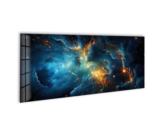 The stillness of the blue and orange abstract galaxy captured in this panoramic glass wall art evokes a serene, cosmic beauty with stunning detail from the glass printing.