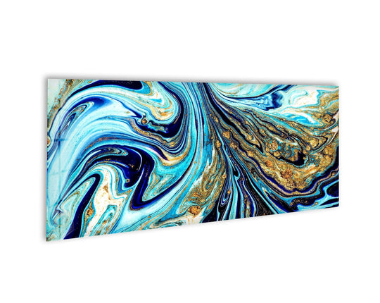 Displaying realistic detail, the blue and gold marbling abstract glass wall art offers a stunning home decoration with its intricate swirls and shimmering accents.