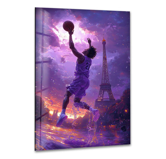 The glass wall art shows a basketball player and the Eiffel Tower and is sports art and a basketball poster in vibrant colors