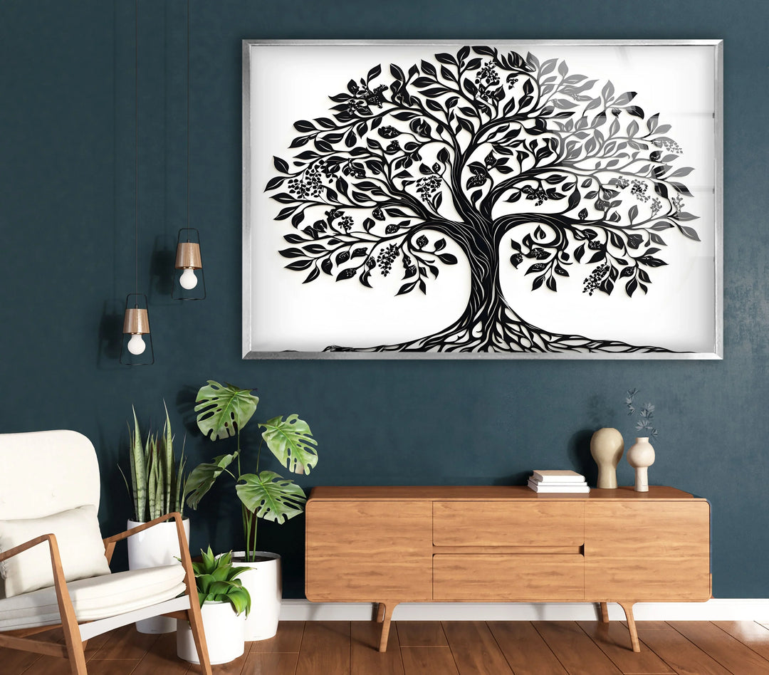Detailed tree design on tempered glass with ornamental leaves arranged in a symmetrical pattern.