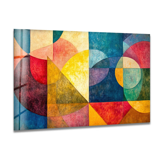 Abstract Paul Klee stained art glass wall art featuring intersecting organic forms in vibrant jewel tones, showcasing best glass art.