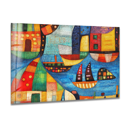 A vibrant Paul Klee city scene with layered textures and deep blue waters, expertly rendered with glass printing.