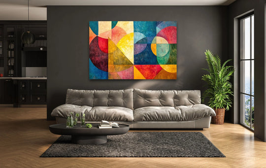 Darkest navy and deep teal hues dominate this abstract Paul Klee stained art glass wall art, creating a striking visual effect.