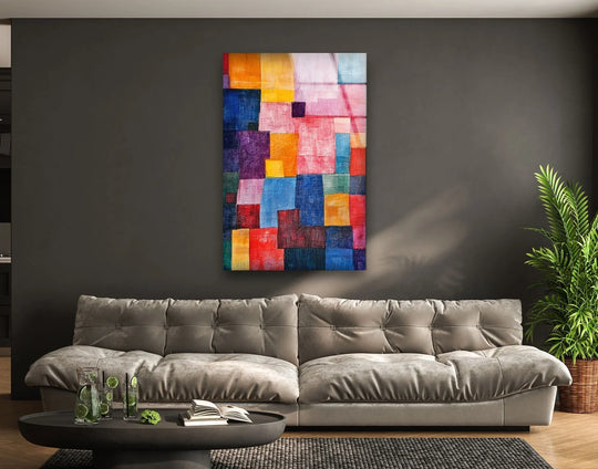 A modern living room background with a dark gray wall and a large, vibrant abstract glass wall art piece.