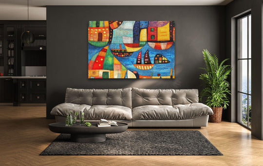 Subtle light and shadow play across the vibrant, abstract shapes and textures of this captivating Paul Klee city art glass wall art.