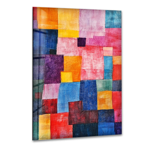Vibrant, highly saturated squares of color dominate this abstract decorative wall art, a stunning Paul Klee stained glass inspired piece.