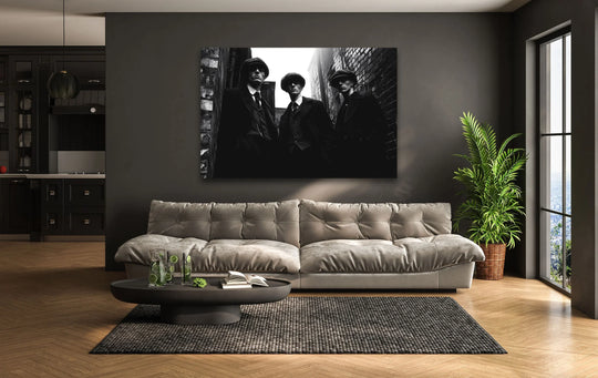 Featuring a striking black and white portrait, the tempered glass art construction of this vintage alley gentlemen glass art enhances the image's depth.