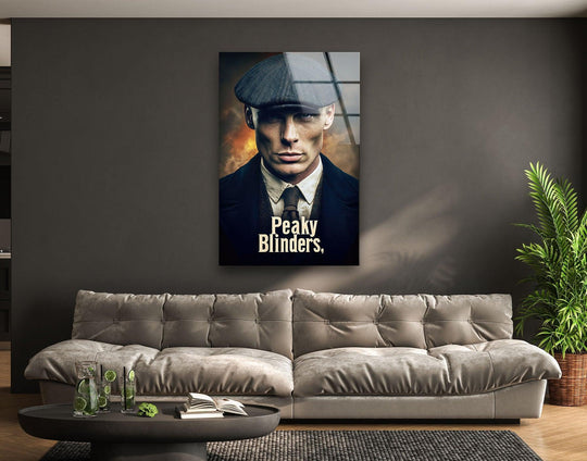 Creating depth and layers, this vintage flat cap gentleman portrait is enhanced by the sleek tempered glass wall art, providing a captivating cinematic aesthetic.