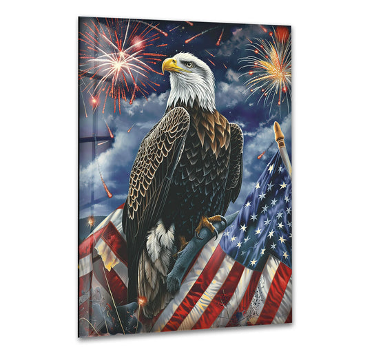A bald eagle perches on the American flag amidst a fireworks display, creating a patriotic print wall art.