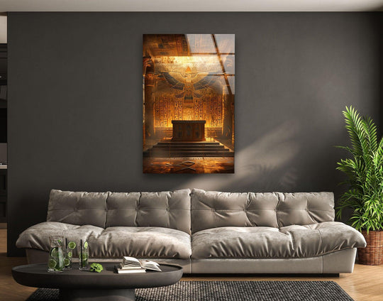 A realistic detailed glass art depiction of an ancient Egyptian pharaoh's tomb with hieroglyphs, a sarcophagus, and a falcon deity.