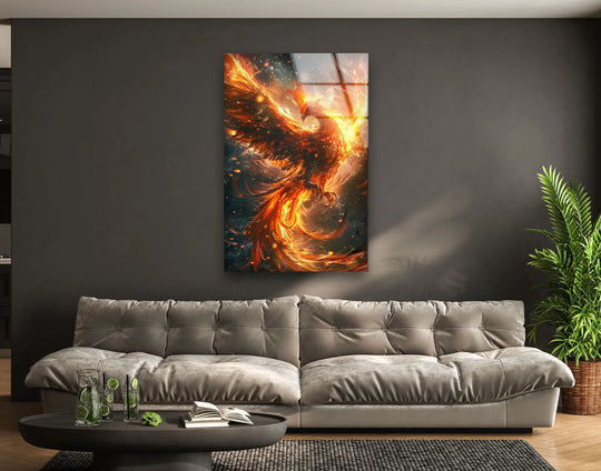 A powerful phoenix in flight evokes a fiery, energetic mood as glass art.