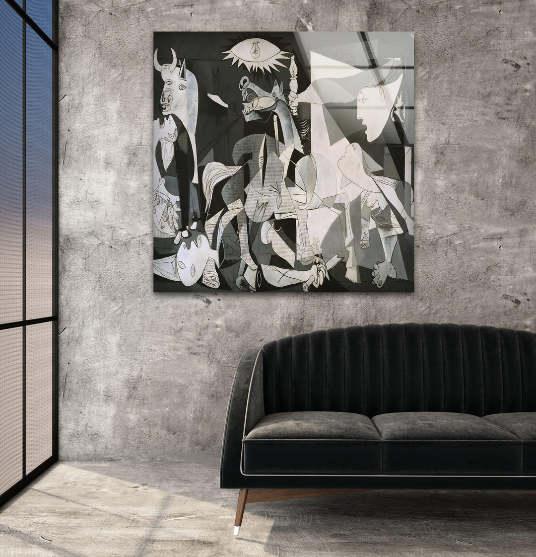 Grayscale abstract glass wall art featuring symbolic characters reminiscent of Guernica’s dramatic visual language.