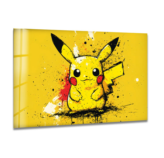 Centered on the focal point, a vibrant yellow graffiti character commands attention as a unique piece of glass wall artwork, perfect as urban glass wall art.