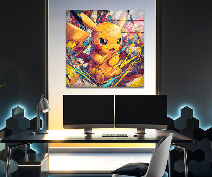 Oil Painting Baby Pikachu Glass Wall Art glass photo prints, glass picture prints
