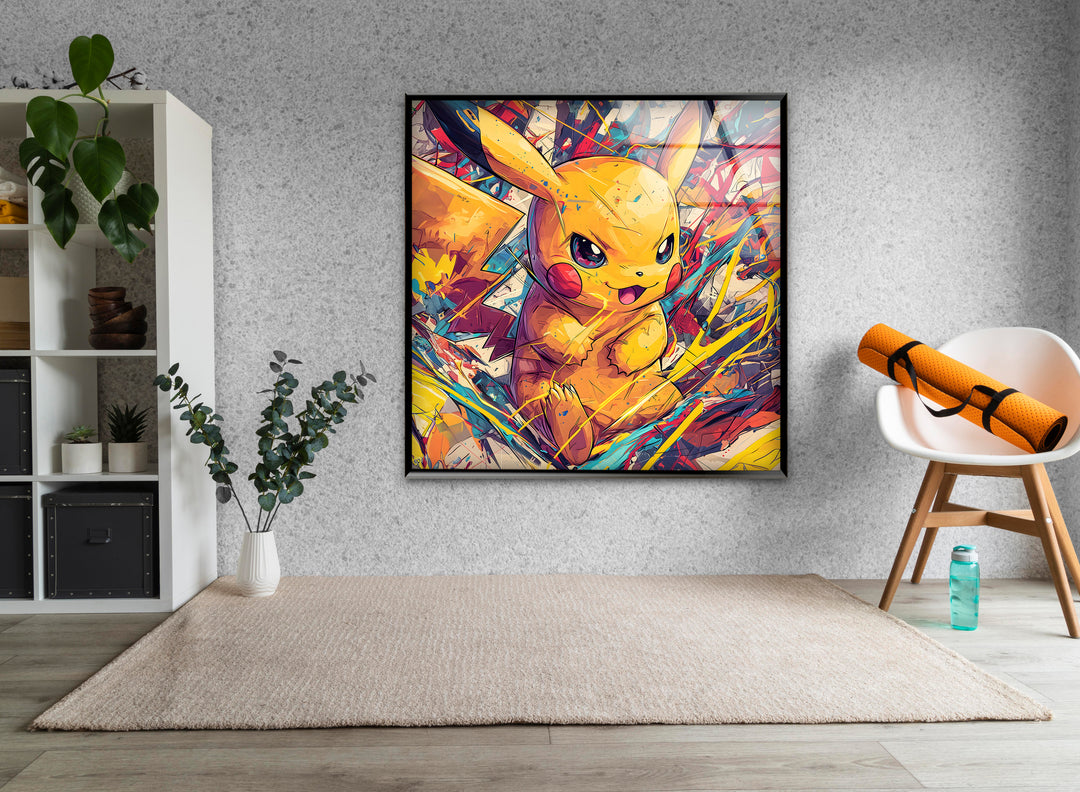 Oil Painting Baby Pikachu Glass Wall Art picture on glass wall art, photos printed on glass
